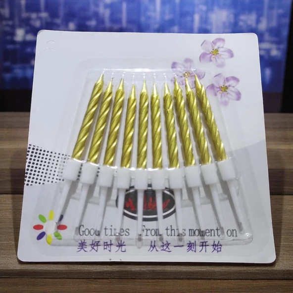 10 ADET YÜKSEK KALİTE KIVRIMLI METALİK GOLD MUM 8 CM GOLD PASTA MUMU PARLAK GOLD DOĞUM GÜNÜ MUMU ürün görseli