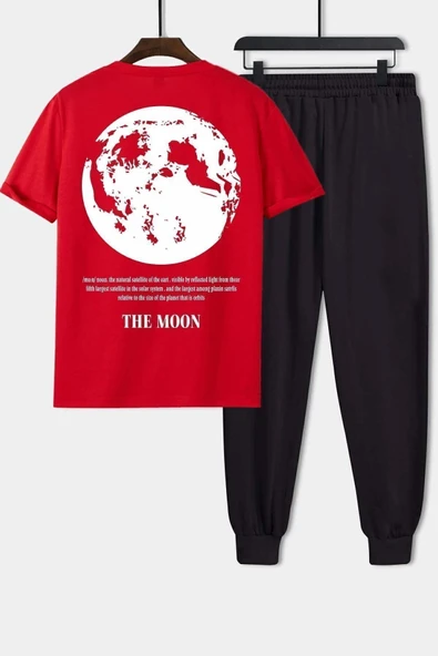 Kırmızı Tshirt The Moon Baskılı 2'li Eşofman Takım
