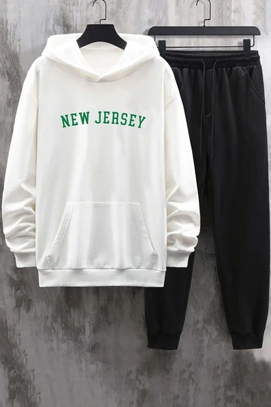 Kapuşonlu Beyaz New Jersey Eşofman Takımı Oversize
