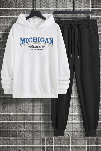 Beyaz Kapuşonlu Michigan Baskılı Eşofman Takımı