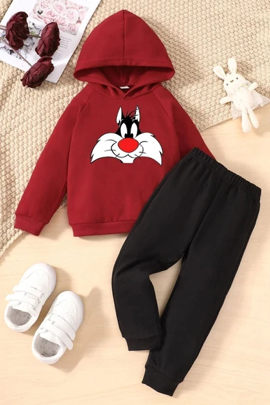 %100 PAMUK SYLVESTER BASKILI KIZ ÇOCUK EŞOFMAN TAKIMI - 7