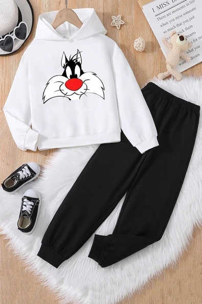 %100 PAMUK SYLVESTER BASKILI KIZ ÇOCUK EŞOFMAN TAKIMI