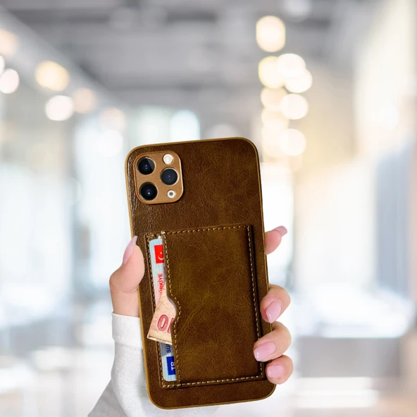 İphone 11 Pro Max Kartlıklı Standlı Glase Lüx Deri Kılıf Kahverengi TdrTR
