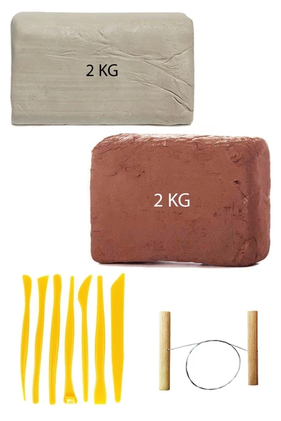 Kahve Çamur 2 Kg Kırmızı Kil Seramik Hamuru Beyaz Kil 2 Kg Plastik Ebeşuar Seti Çamur Kesme Teli