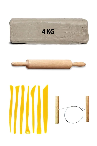 Beyaz Seramik Hamuru 4 kg Plastik Ebeşuar Seti Kil Seti Seramik Kili Ahşap Merdane Çamur Kesme Teli