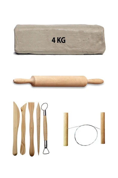 Beyaz Seramik Hamuru 4 kg Seramik Çamuru Çamur Kesme Teli Seramik Kili Ahşap Merdane