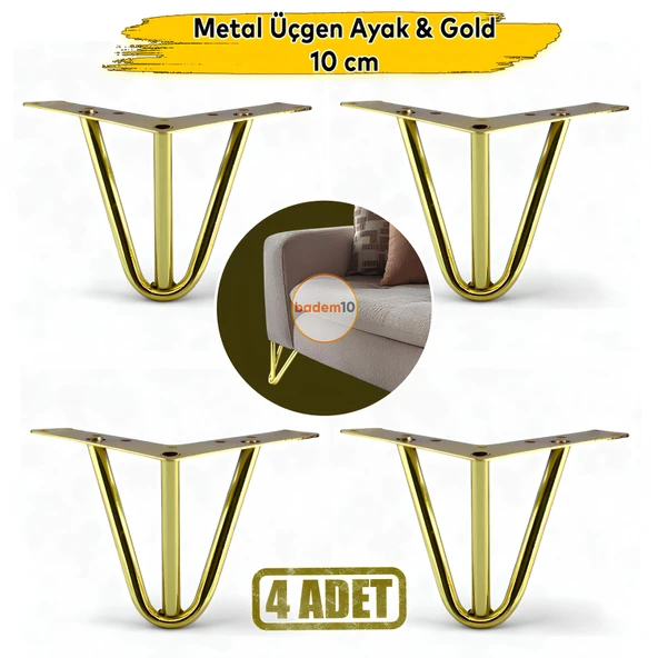 4'lü 10 cm Üçgen Metal Altın Gold Renk Mobilya Ayağı Lüks Koltuk, Kanepe, Berjer Sehpa Ayakları Seti