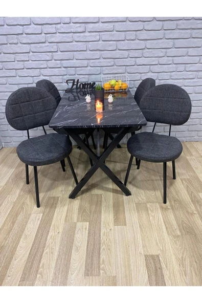 BAMBEDS MOBİLYA Masa Takımı, Yemek Masası, Mutfak Masası, Balkon Masası-70x110 Siyah 4 Sandalye Gri