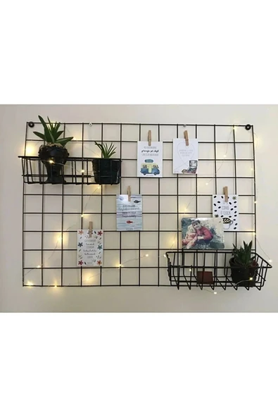 BAMBEDS MOBİLYA Tel Pano Notluk Fotoğraf Askılığı Tel Askılık Notluk + 3m Led + Metal Pano Sepetli 68x48cm