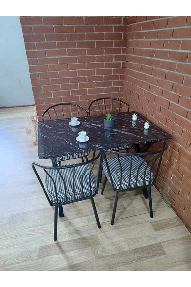 BAMBEDS MOBİLYA Masa Takımı, Yemek Masası, Mutfak Masası, Balkon Masası - 70x110 Siyah Mermer 4 Güneş Sandalye