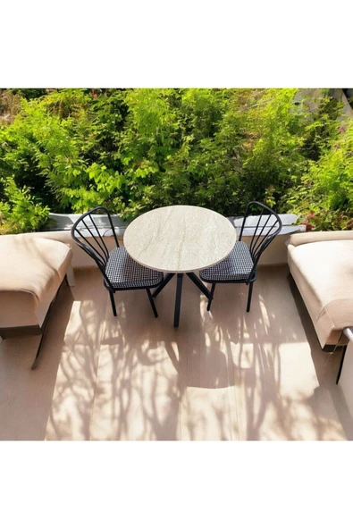 BAMBEDS MOBİLYA 70x70 Trevertan Yuvarlak Balkon Masa Ahtapot Ayak Güneş Sandalye 2 Adet - 3