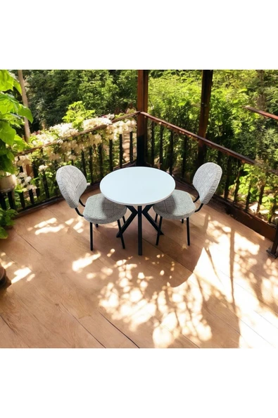 BAMBEDS MOBİLYA 70x70 Beyaz Yuvarlak Balkon Masa Ahtapot Ayak Armut Sandalye 2 Adet