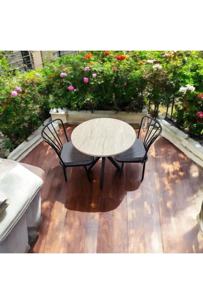 BAMBEDS MOBİLYA 70x70 Trevertan Yuvarlak Balkon Masa Ahtapot Ayak Güneş Sandalye 2 Adet