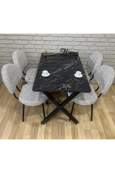 BAMBEDS MOBİLYA Masa Takımı, Yemek Masası, Mutfak Masası, 60x120Siyah beyazdesen 4 Sandalye