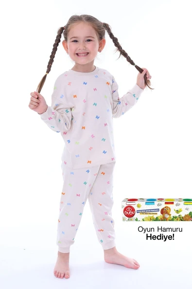 Kelebek Desenli %100 Pamuk Pembe Kız Çocuk Pijama Takımı