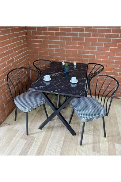 BAMBEDS MOBİLYA Masa Takımı, Yemek Masası, Mutfak Masası, Balkon Masası - 60x120 Siyah Mermer 4 Güneş Sandalye - 2