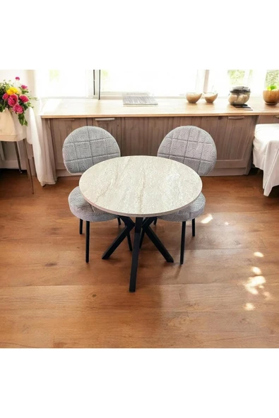 BAMBEDS MOBİLYA 70x70 Trevertan Yuvarlak Balkon Masa Ahtapot Ayak Armut Sandalye 2 Adet