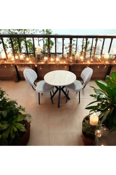 BAMBEDS MOBİLYA 70x70 Trevertan Yuvarlak Balkon Masa Ahtapot Ayak Armut Sandalye 2 Adet - 5
