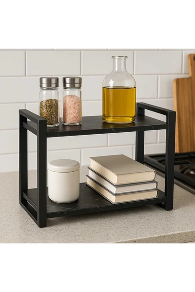 BAMBEDS MOBİLYA Metal Mutfak Tezgah Üstü Organizer 2 Raflı Banyo Mutfak Düzenleyici Siyah