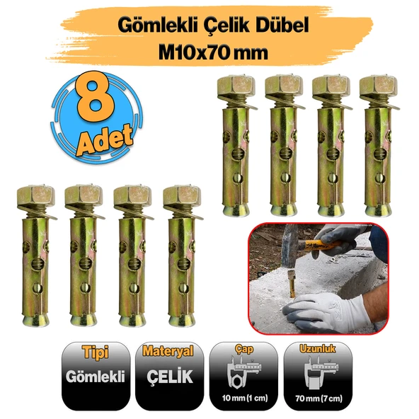 Saplamalı Gömlek Çelik Dübel M10x70 mm Raf Montaj Bağlantı Zemin Monte Tavan Asma Aparat 8 Adet