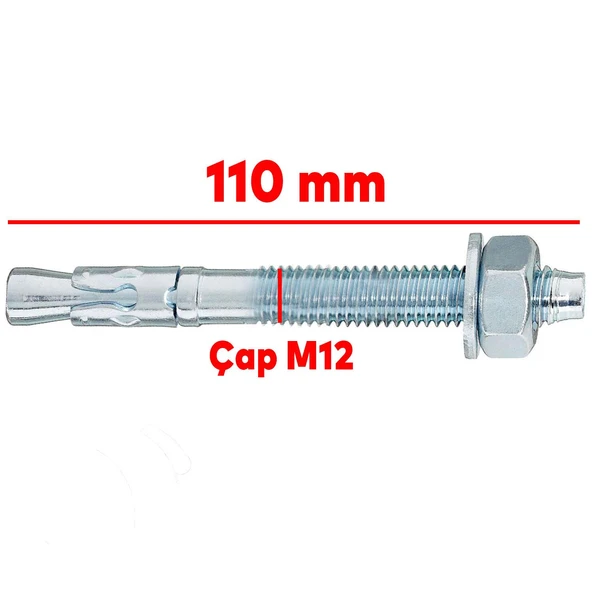 Klipsli Saplamalı Çelik Dübel M12x110 mm Raf Montaj Bağlantı Kanalları Tavan Beton Asma Aparat - 2