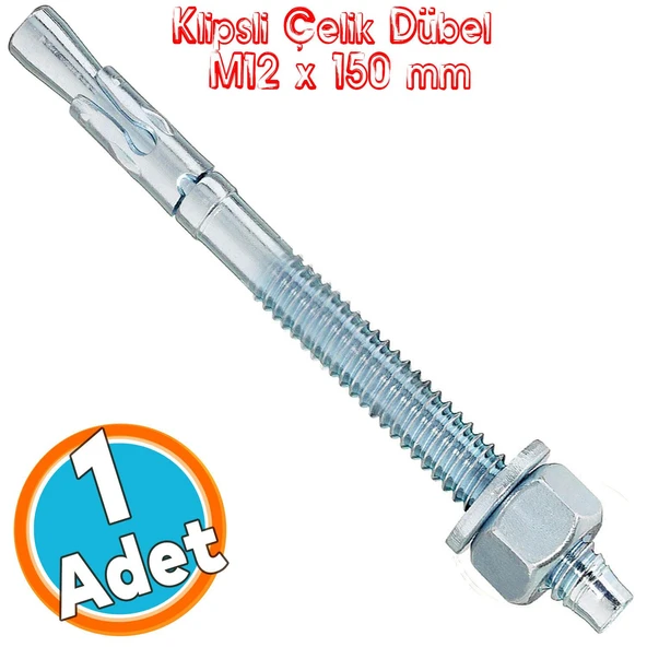Saplamalı Klipsli Çelik Dübel M12x150 mm Raf Montaj Bağlantı Zemin Monte Tavan Beton Asma Aparat