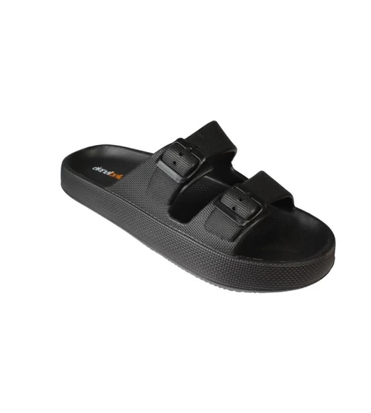 AKINBELLA Erkek Siyah Gri 46-47 Numara Cift Bant Tokalı Kauçuk Taban Deniz Havuz Bahçe Terliği - Resim 2