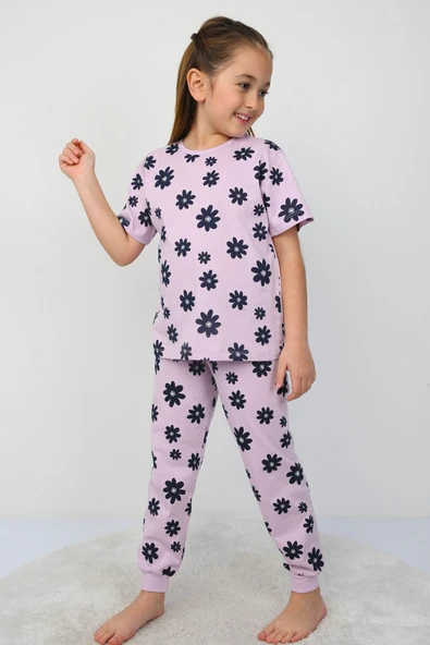 Mor Papatya Desenli T-Shirt-Şort Kız Çocuk Pijama Takımı - Resim 8