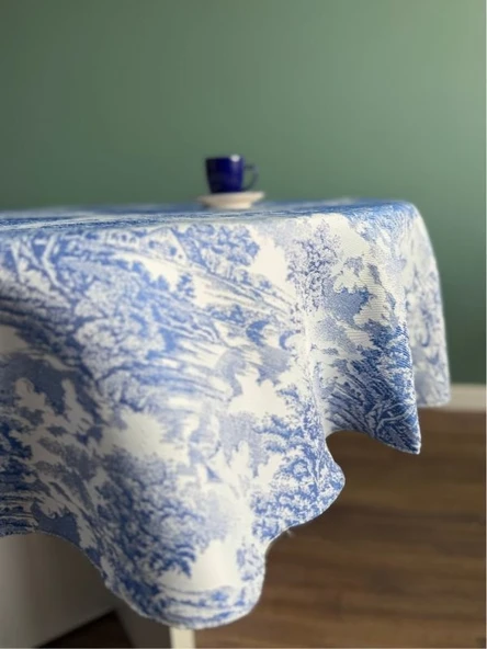 LOOM & LAUREL Jakarlı Dokuma Kumaş 160x160 Yuvarlak Masa Örtüsü Mavi Ağırlıklı - Resim 3