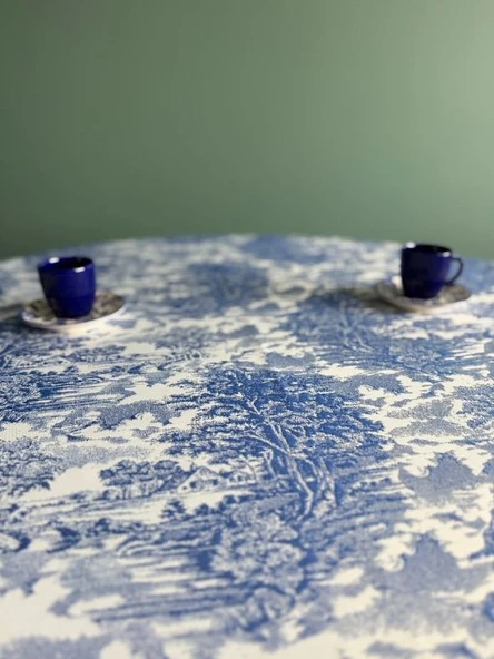 LOOM & LAUREL Jakarlı Dokuma Kumaş 160x160 Yuvarlak Masa Örtüsü Mavi Ağırlıklı - Resim 6