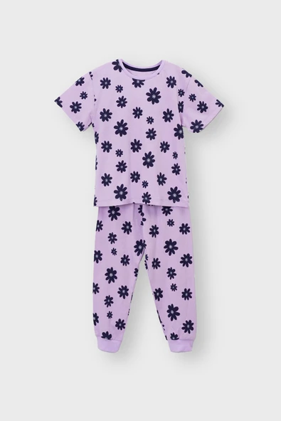 Mor Papatya Desenli T-Shirt-Şort Kız Çocuk Pijama Takımı - Resim 7