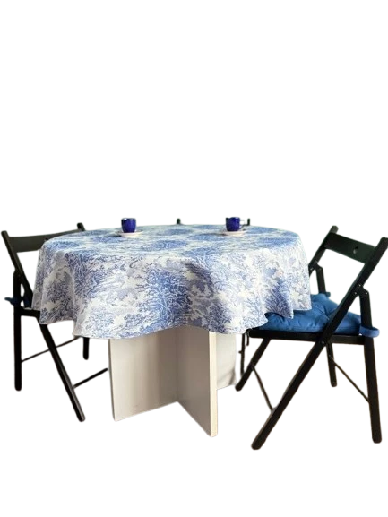 LOOM & LAUREL Jakarlı Dokuma Kumaş 160x160 Yuvarlak Masa Örtüsü Mavi Ağırlıklı - Resim 4