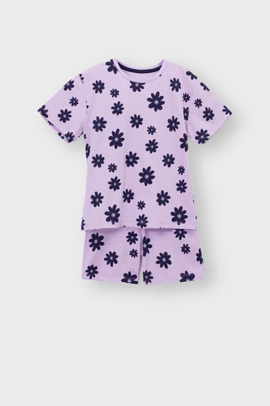 Mor Papatya Desenli T-Shirt-Şort Kız Çocuk Pijama Takımı