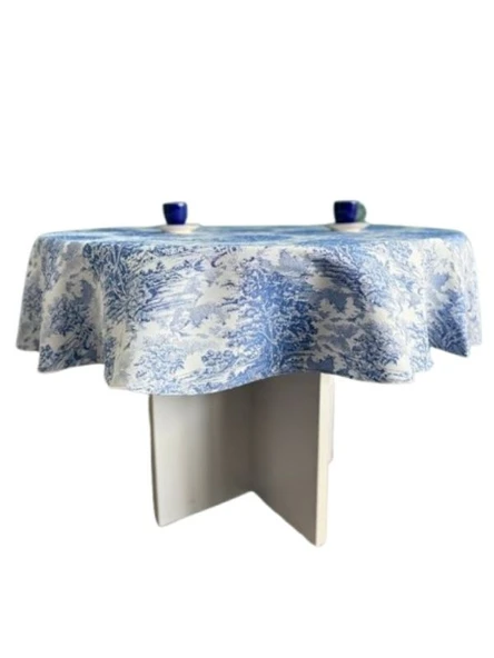 LOOM & LAUREL Jakarlı Dokuma Kumaş 160x160 Yuvarlak Masa Örtüsü Mavi Ağırlıklı - Resim 2