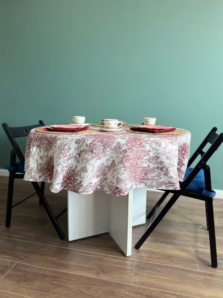 LOOM & LAUREL Jakarlı Dokuma Kumaş 160 X 160 Yuvarlak Masa Örtüsü Bordo Ağırlıklı - Resim 4