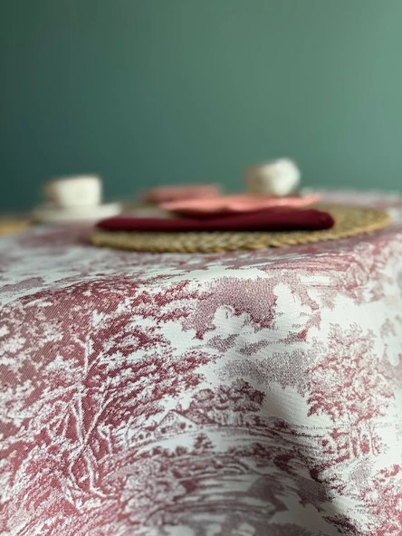 LOOM & LAUREL Jakarlı Dokuma Kumaş 160 X 160 Yuvarlak Masa Örtüsü Bordo Ağırlıklı - Resim 6