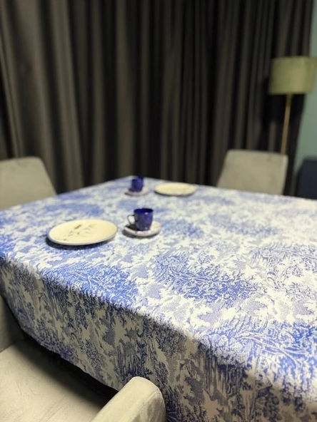 LOOM & LAUREL Jakarlı Dokuma Kumaş Masa Örtüsü Mavi Ağırlıklı - Resim 2