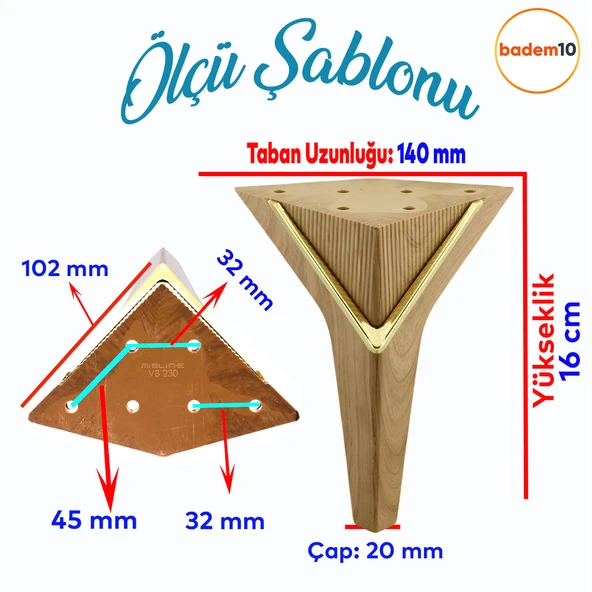 Empoli 16 cm Açık Ceviz Gold 4 Adet Lüks Mobilya Kanepe Koltuk Sehpa Tv Ünitesi Baza Ayağı Seti - Resim 5