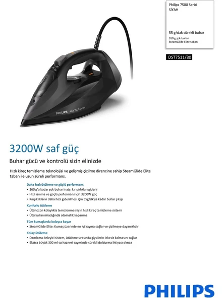 Philips 7500 Serisi Azur Buharlı Ütü 3200 W, 55g/dk Sürekli Buhar, 260 g Şok Buhar, SteamGlide Elite Taban, DST7511/80 - 4