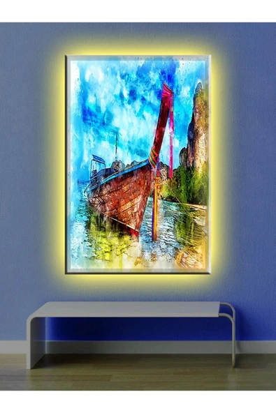 Led Işıklı Kayık Yağlı Boya Tarzı Kanvas Tablo