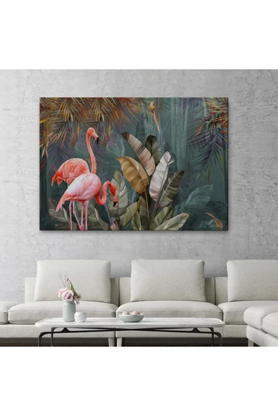 Pembe Filamingolar Yağlıboya Görünüm Dekoratif Tablo -3700 - 2
