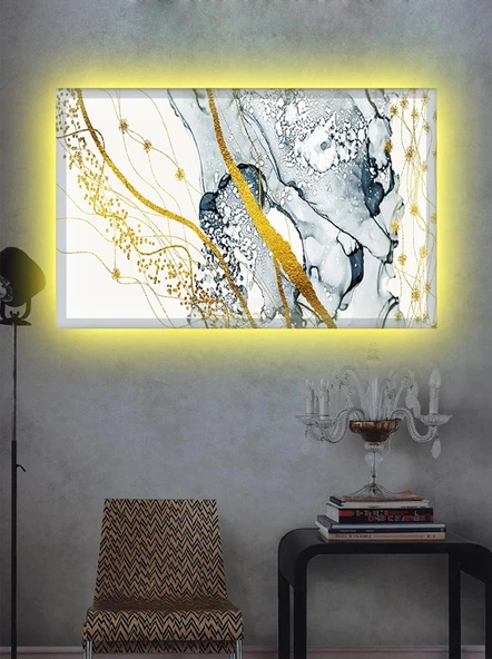 Led Işıklı Dekoratif Gold Kare Tablo