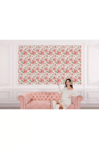 Pembe Çiçek Ve Yaprak Desenli Duvar Kağıdı-5588