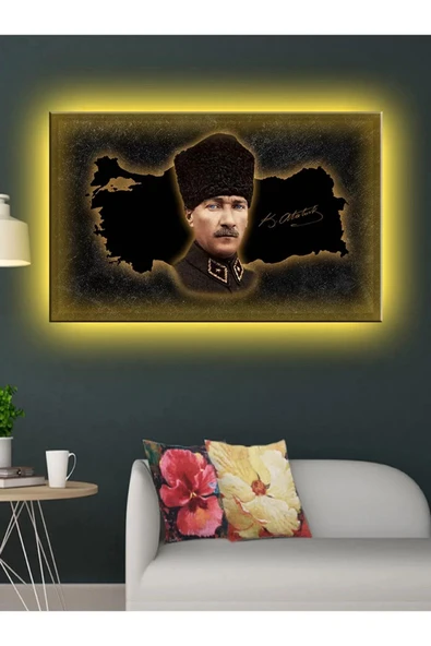Led Işıklı Atatürk Ve Türkiye Haritası Kanvas Tablo