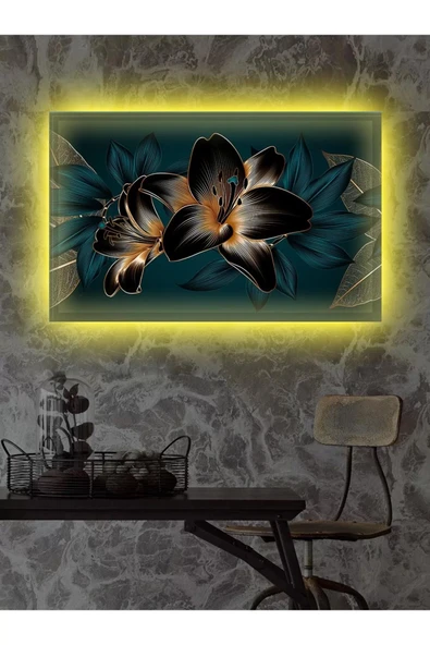 Led Işıklı 3d Gold Mavi Çiçek Kanvas Tablo