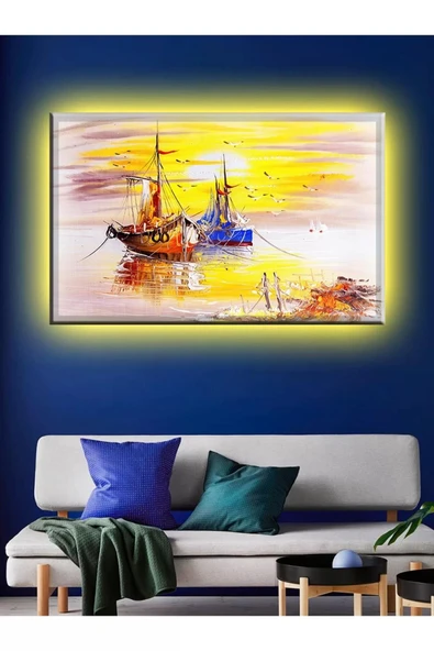 Led Işıklı Gemi Yağlı Boya Stili Tablo