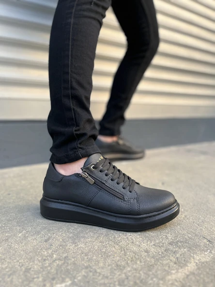 Warrior Bağcıklı ve Fermuarlı Cilt Erkek Günlük Sneaker Ayakkabı CST - Siyah