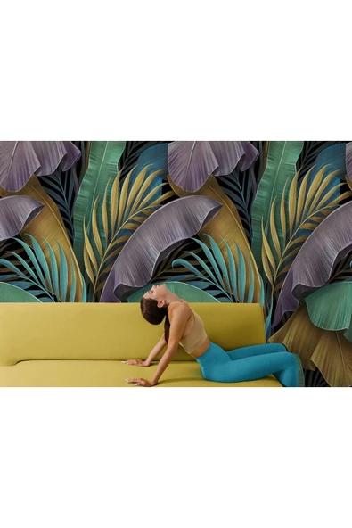 Altın Detaylı Tropical Yapraklar Desenli Duvar Kağıdı-5628 - 3
