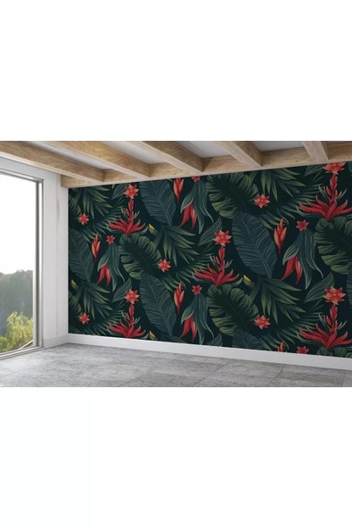 Kırmızı Çiçekli Tropical Ağaç Yaprakları Duvar Kağıdı-5634 - 2