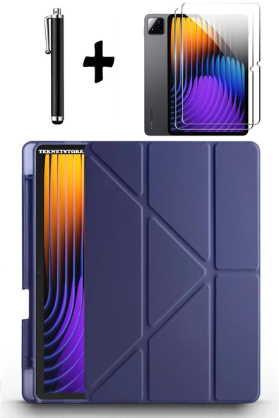 Xiaomi Pad 7 Pro / Pad 7 Uyumlu Kılıf Kalem Bölmeli Standlı Kılıf + Ekran Koruyucu + Kalem 3'lü Set  LACİVERT